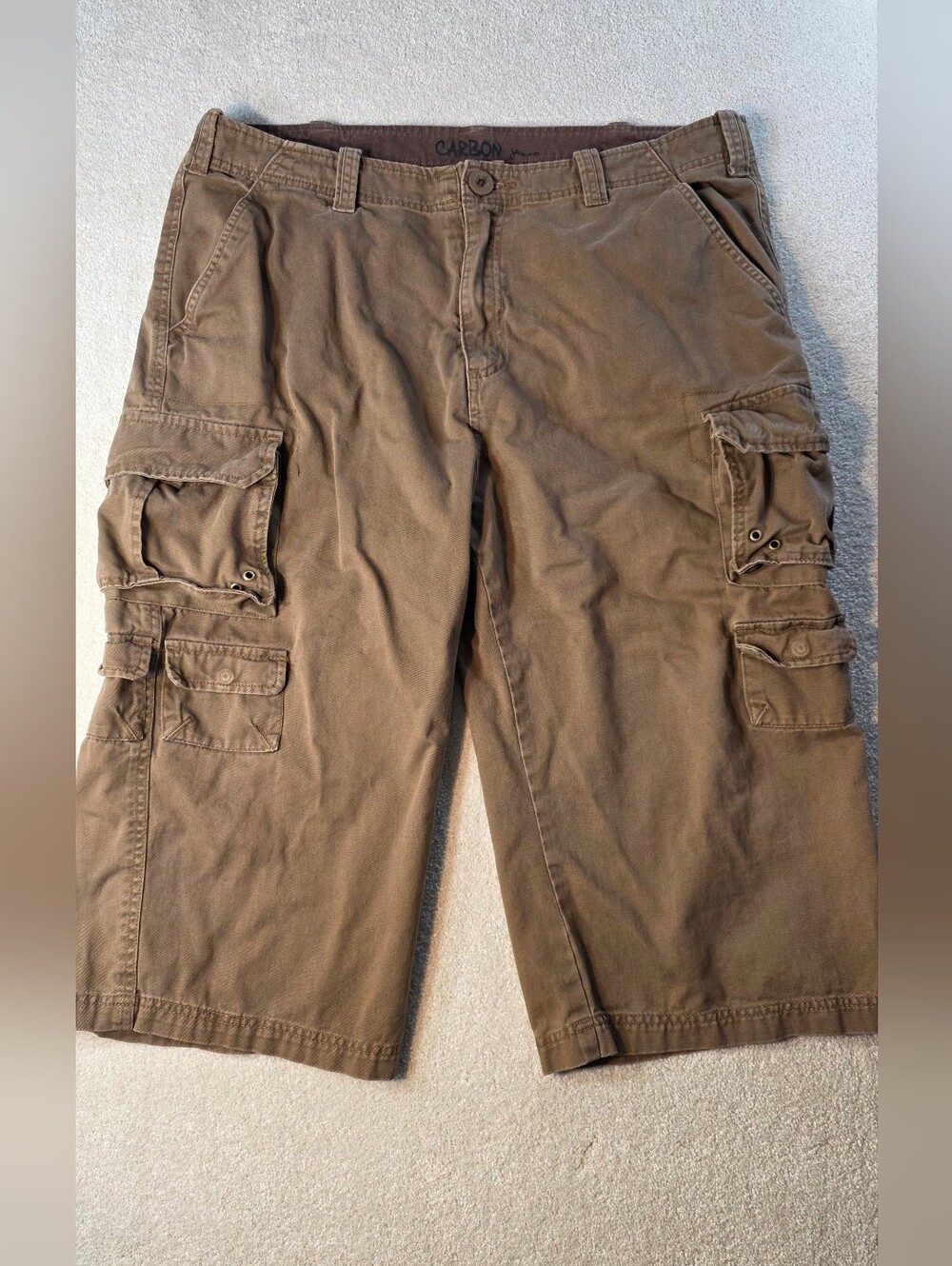Carbon Dark Khaki Cargo Baggy Shorts Knee Length Relaxed Fit Grunge 90s Mens 36